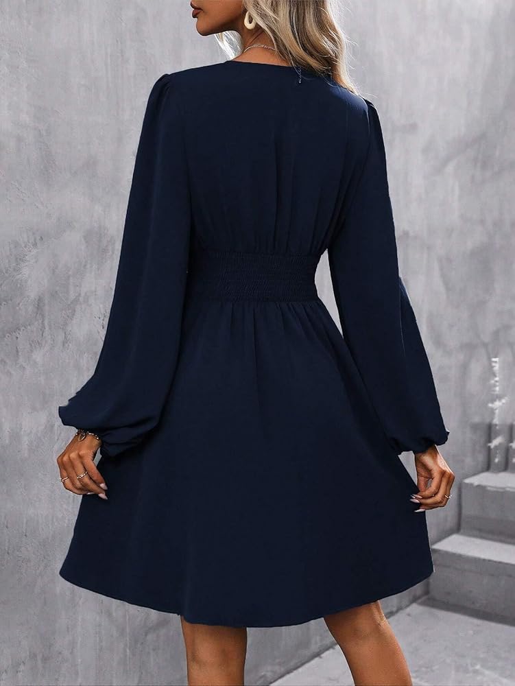 Womens Long Sleeve Trendy Surplice Neck Lantern Sleeve Ruched Waist Dress Short Dresses Navy Blue at Amazon Women's Clothing store Womens Long Sleeve Trendy Surplice Neck Lantern Sleeve Ruched Waist Dress Short Dresses Navy Blue at Amazon Women's Clothing store