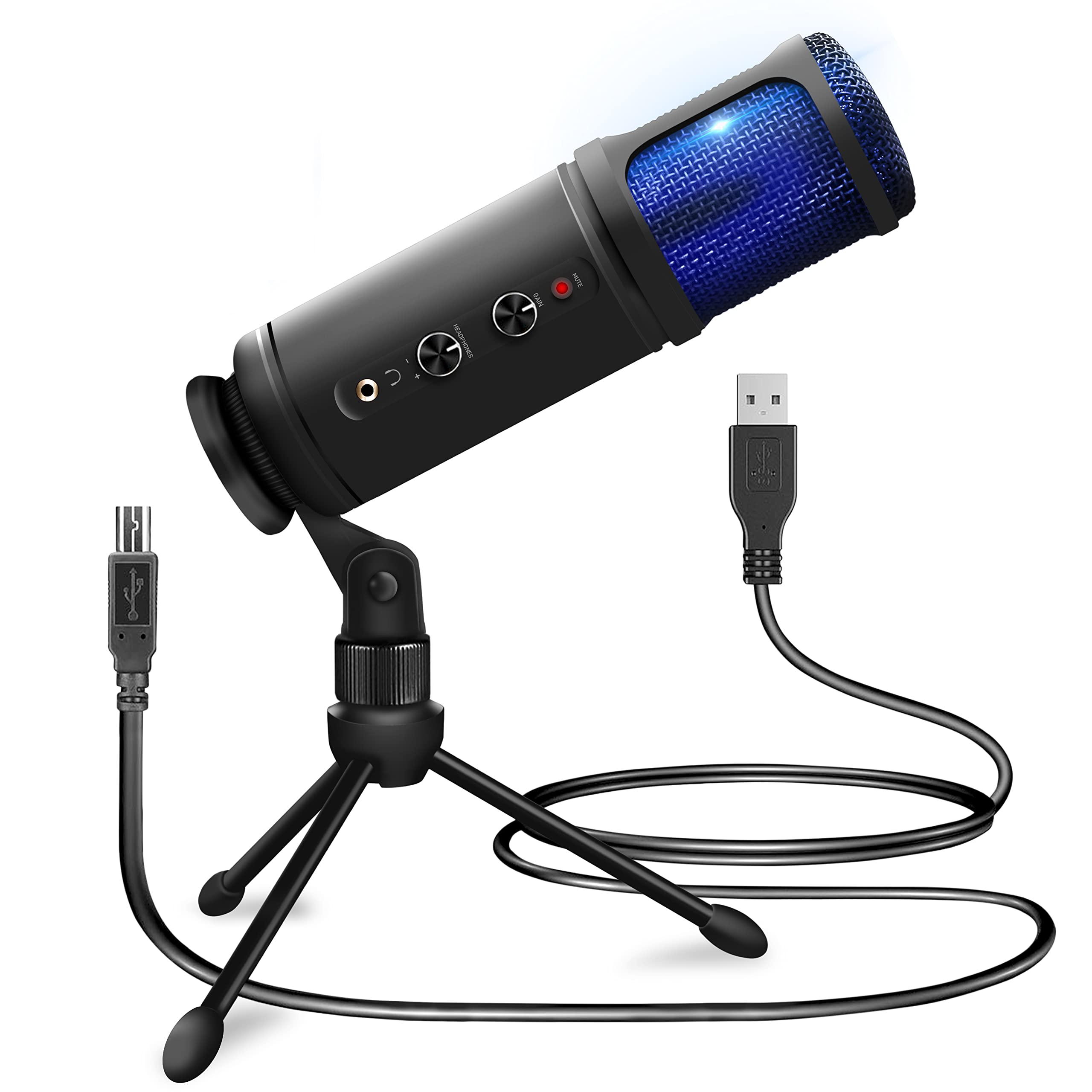Jovial Pyle - Micrófono Condensador de grabación USB para PC, micrófono Condensador de Audio Profesional portátil, LED Azul, Ganancia Ajustable, Conector de Auriculares, Control de Silencio, Soporte