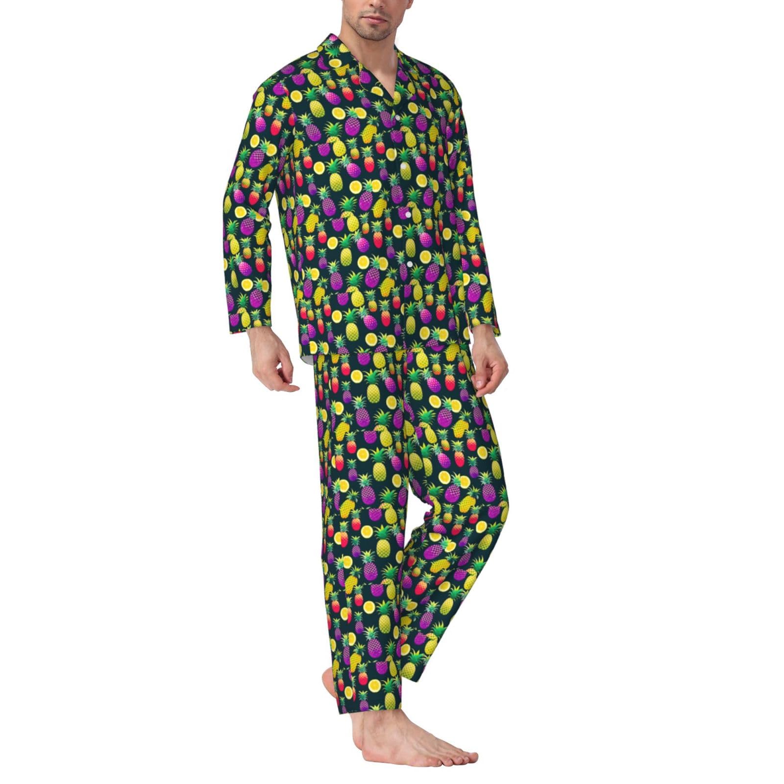 Langärmeliges Herren-Pyjama-Set mit buntem Ananas-Druck, zweiteilig, Hauskleidung, bequeme Nachtwäsche