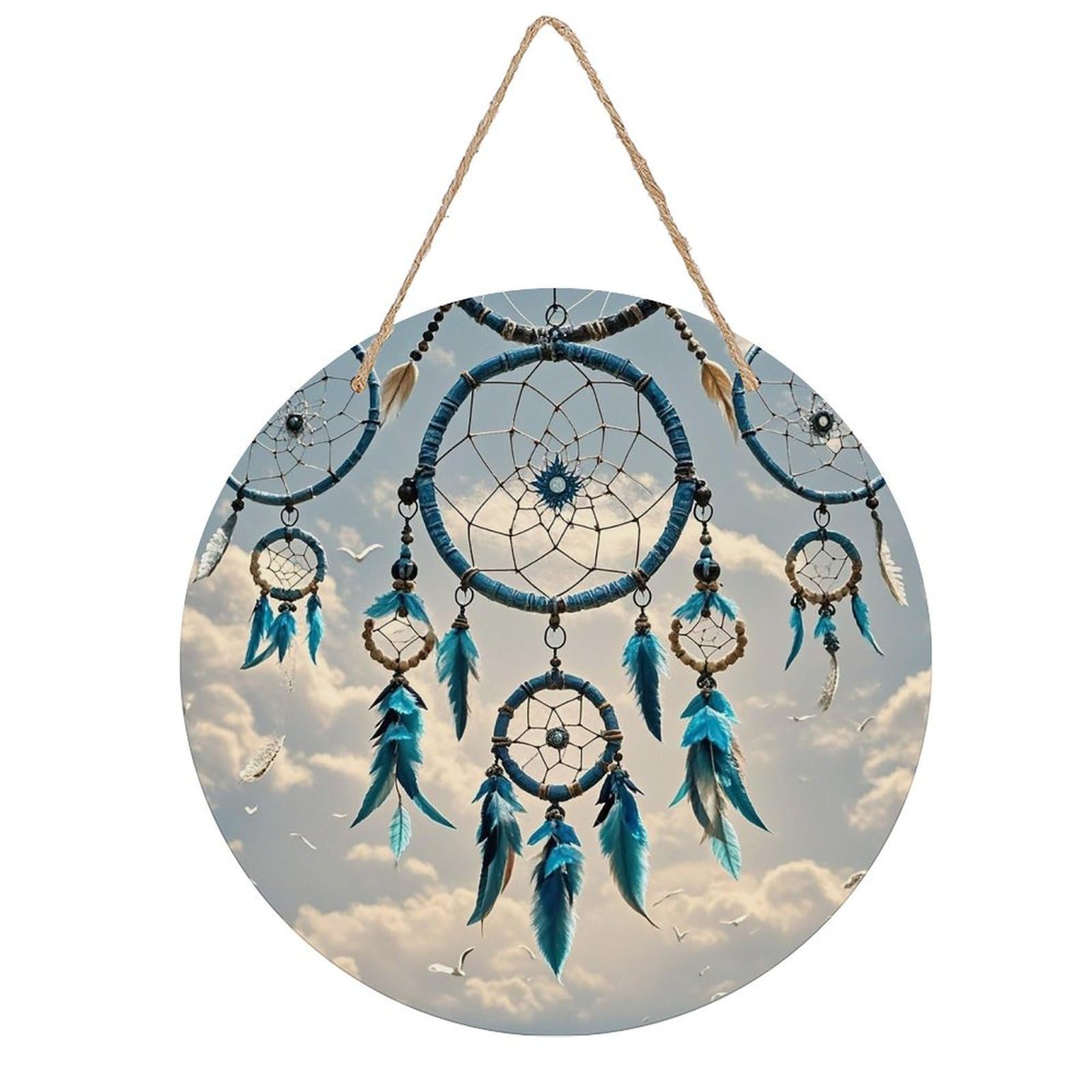 FekiLoot Round Native Dream Catcher Wall Art Decor Painting Wooden Hanging Sign with Ropes Bohemian Wall Hanging Retro Mid Century Modern Wall Art for Home Bedroom Living Room 7.9x7.9 in
