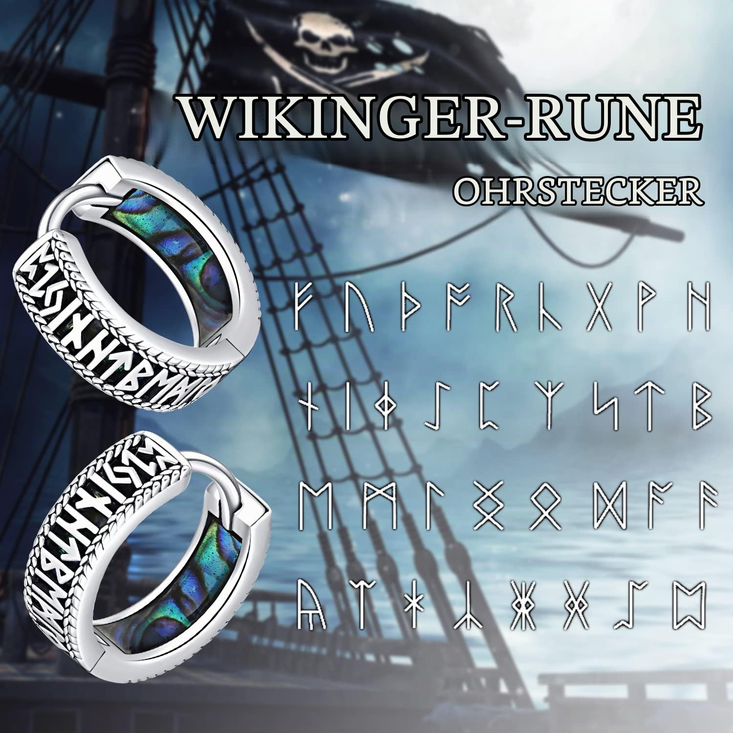 Unisex Sterling Silber 925 Creolen - Viking Rune Ohrringe Klapp Schwarz Klein Ohrschmuck für Frauen, Männer