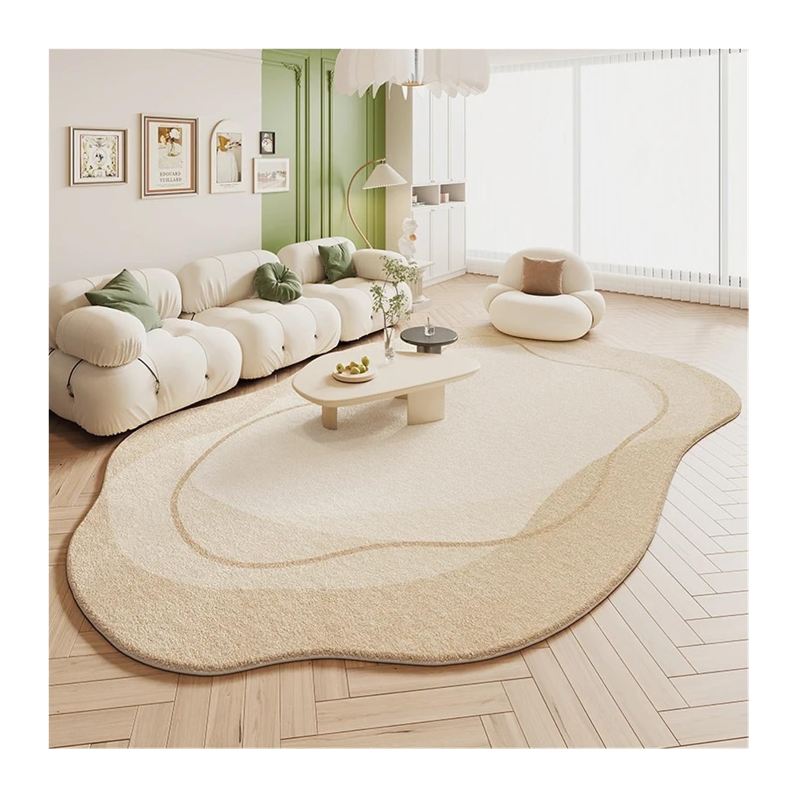 Tapis vert en peluche irrégulier pour chambre douce et cosy