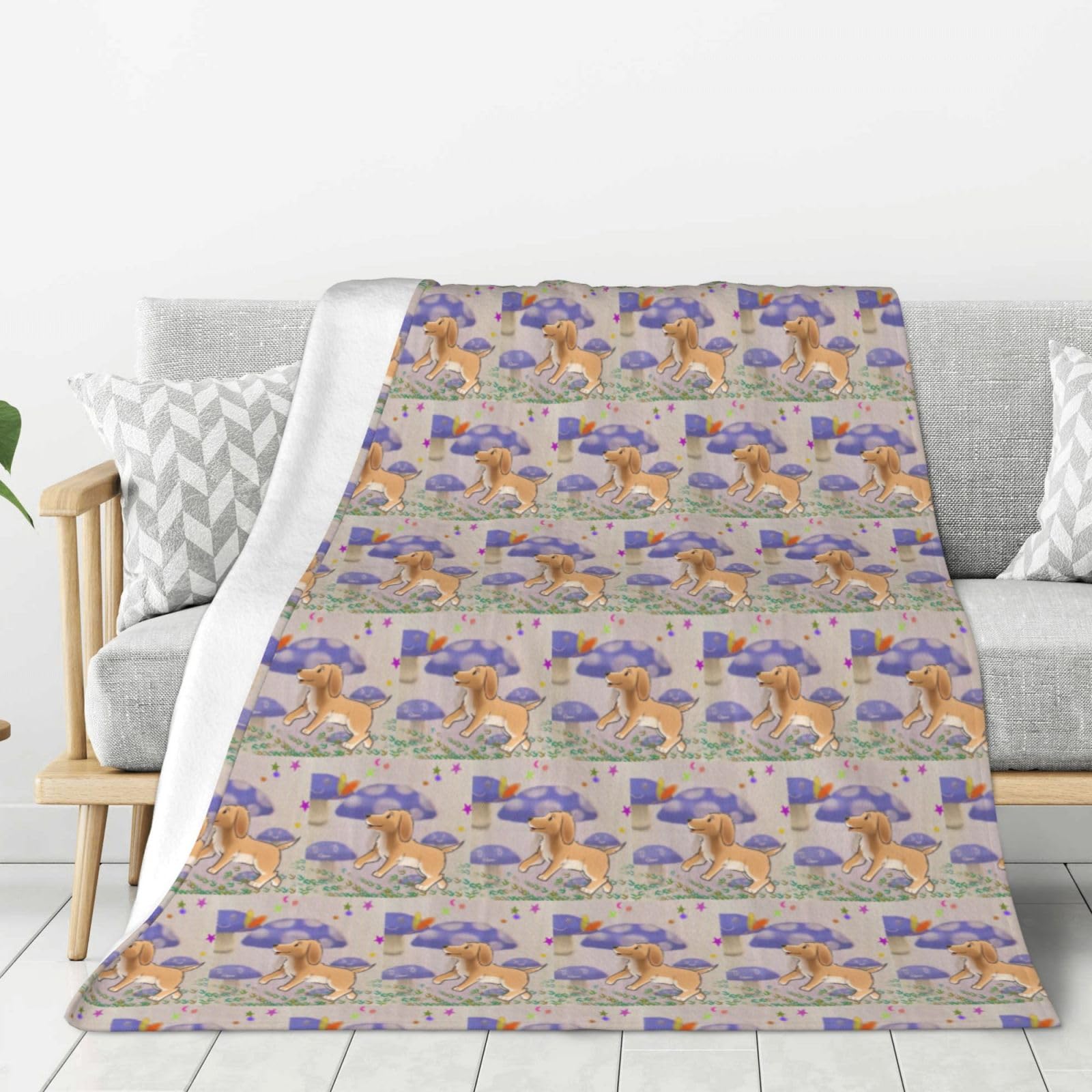 Couverture flanelle 203x152 cm motif champignon chien plaid chaud