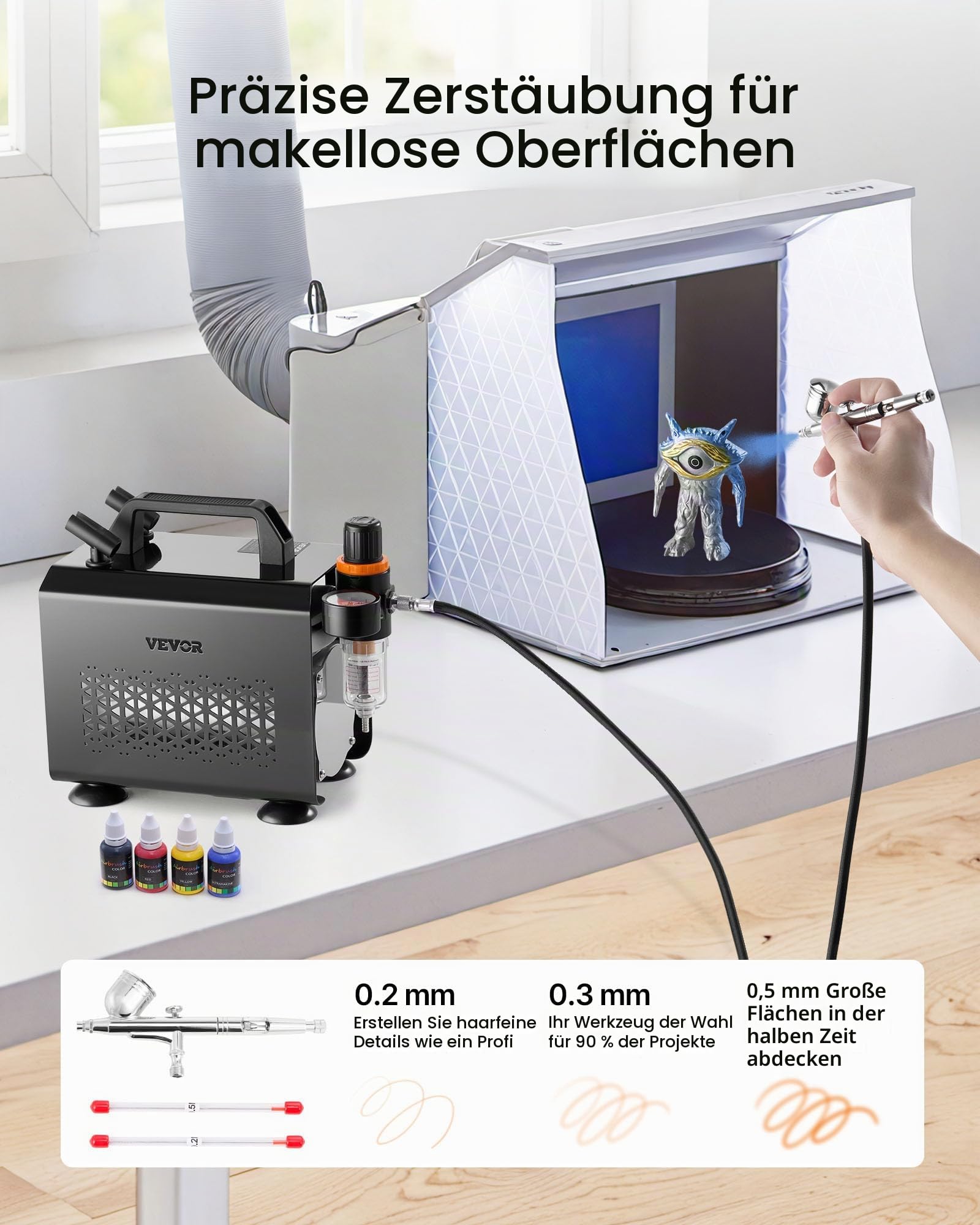VEVOR Airbrush Set 1/6 PS mit Luftkompressor, 1 Dual Action Airbrush Pistole mit 3 Düsen (0,2/0,3/0,5 mm) & Schlauch & Acrylfarbe & für Kuchendekoration Modellmalerei Nagelkunst geräuscharm