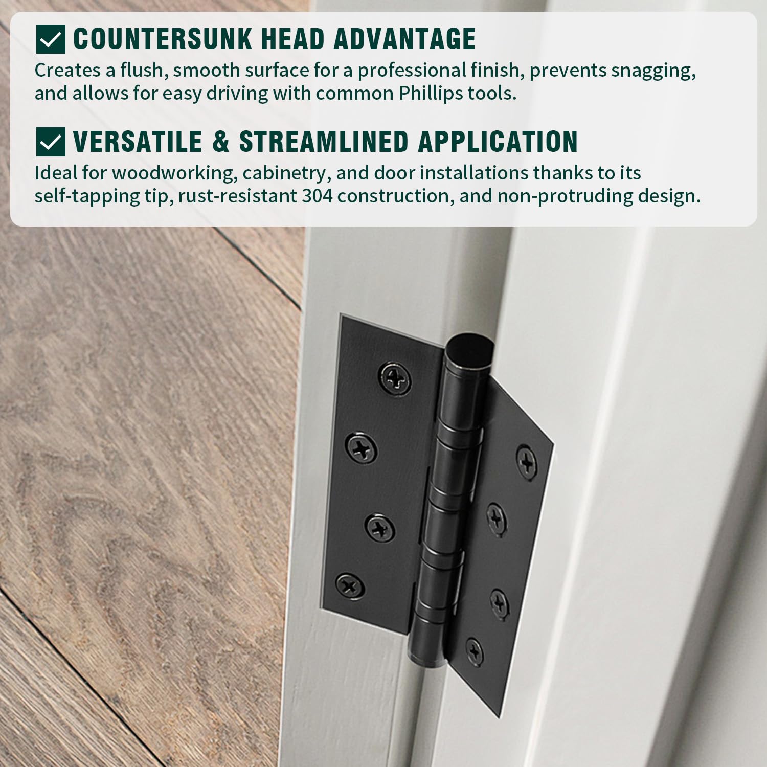 #4 x 1 Flat Head Phillips Sheet Metal Tek Screws, 304 Stainless Steel 18-8, Black Oxide Coated Finish, Corrosion Resistant Flat Head Wood Screws, 100 PCS