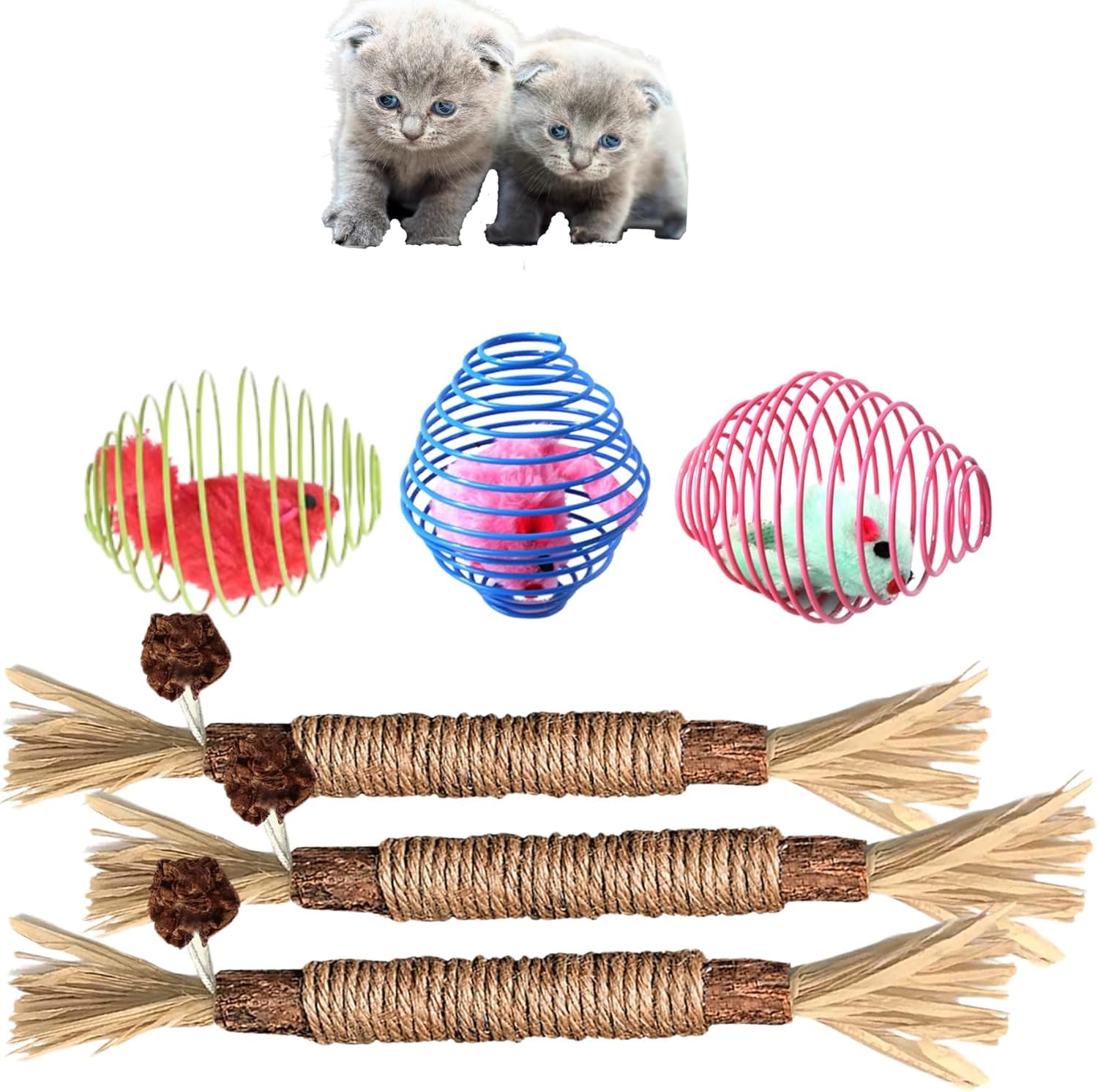 TheGuard 6-Pack for Cats: 3 Natural Matatabi Silvervine Chew Sticks & 3 Spring Balls for Oral & Mental Health; Chewing Teething Hunting Interactive Play