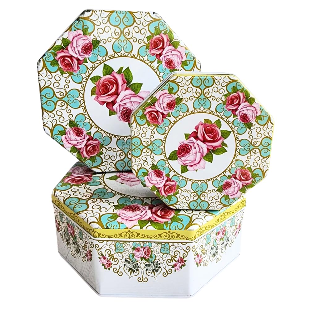 Pack of 3 Octagon Shaped Tin Containers with Lids –Multipurpose Nesting Storage for Cookies, Candy, Office Supplies & More – Perfect for Gifting / Everyday Use –Pink & Green French Gilded Roses Design
