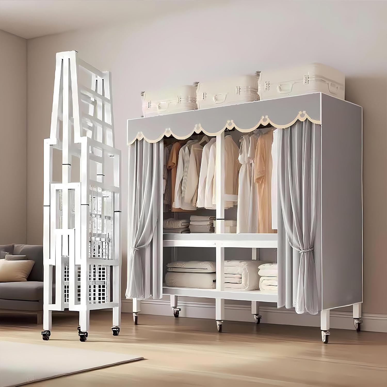 Foldable Portable Closet Wardrobe On Wheel, Load 2000lbs, Portable Wardrobe Closet, Heavy Duty Clothes Rack, Garment Racks for Bedroom (Cloud Shadow Gray-White Frame, 85CM/33.4IN)