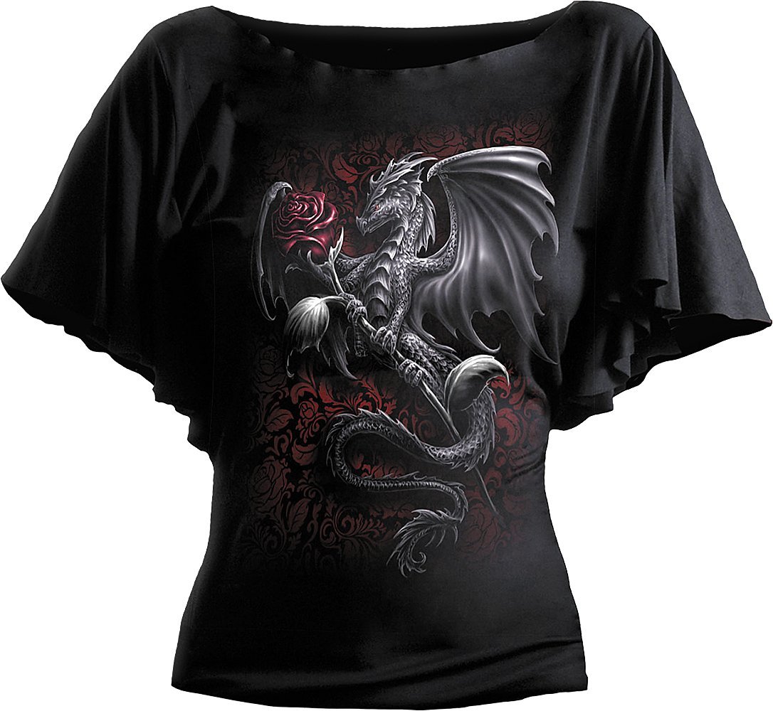 Spiral Women's Black Direct Dragon Rose - Boat Neck Bat Sleeve Top Regular Fit T - Shirt, ( 001), 20 (Manufacturer Size:xl)