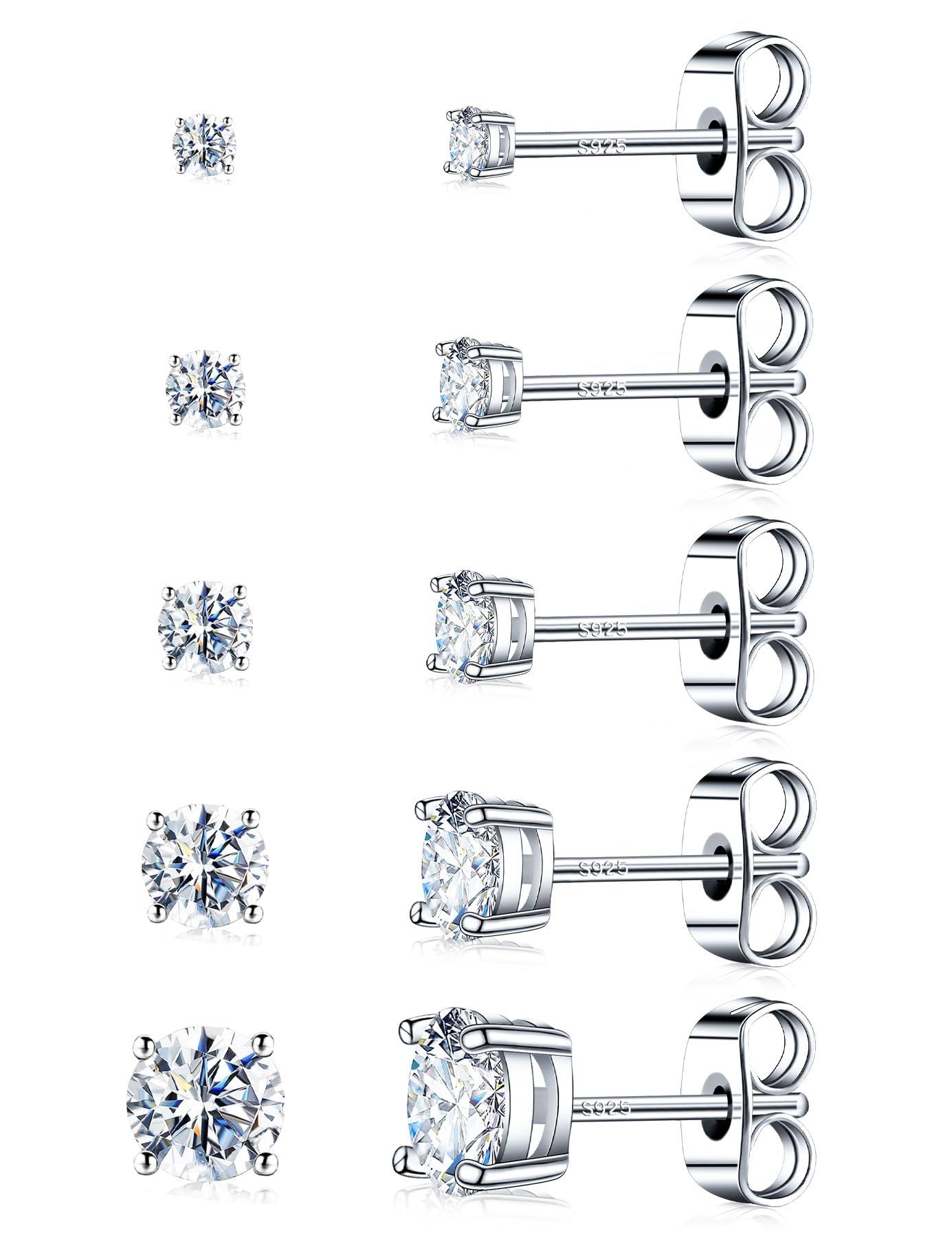 Kosuwo 5 Pairs Sterling Silver Moissanite Stud Earrings