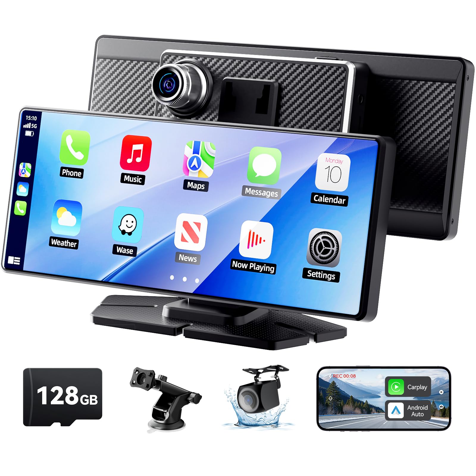 TERUNSOUl Carplay Screen for Car, 8.1" HD Portable Touch Screen Car Stereo with Android Auto, 4K Dash Cam, 1080P Backup Camera, GPS Navigation, Mirror Link, Bluetooth, AUX, FM Transmitter