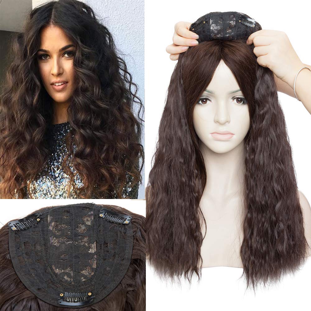 Hairro Clip in Topper 20 Inch Long Curly for Women Corn Wave Japanese Synthetic Hair Perm Deep Wave Style Clip on Secret Toupee Hairpiece Middle Part 4A Brown