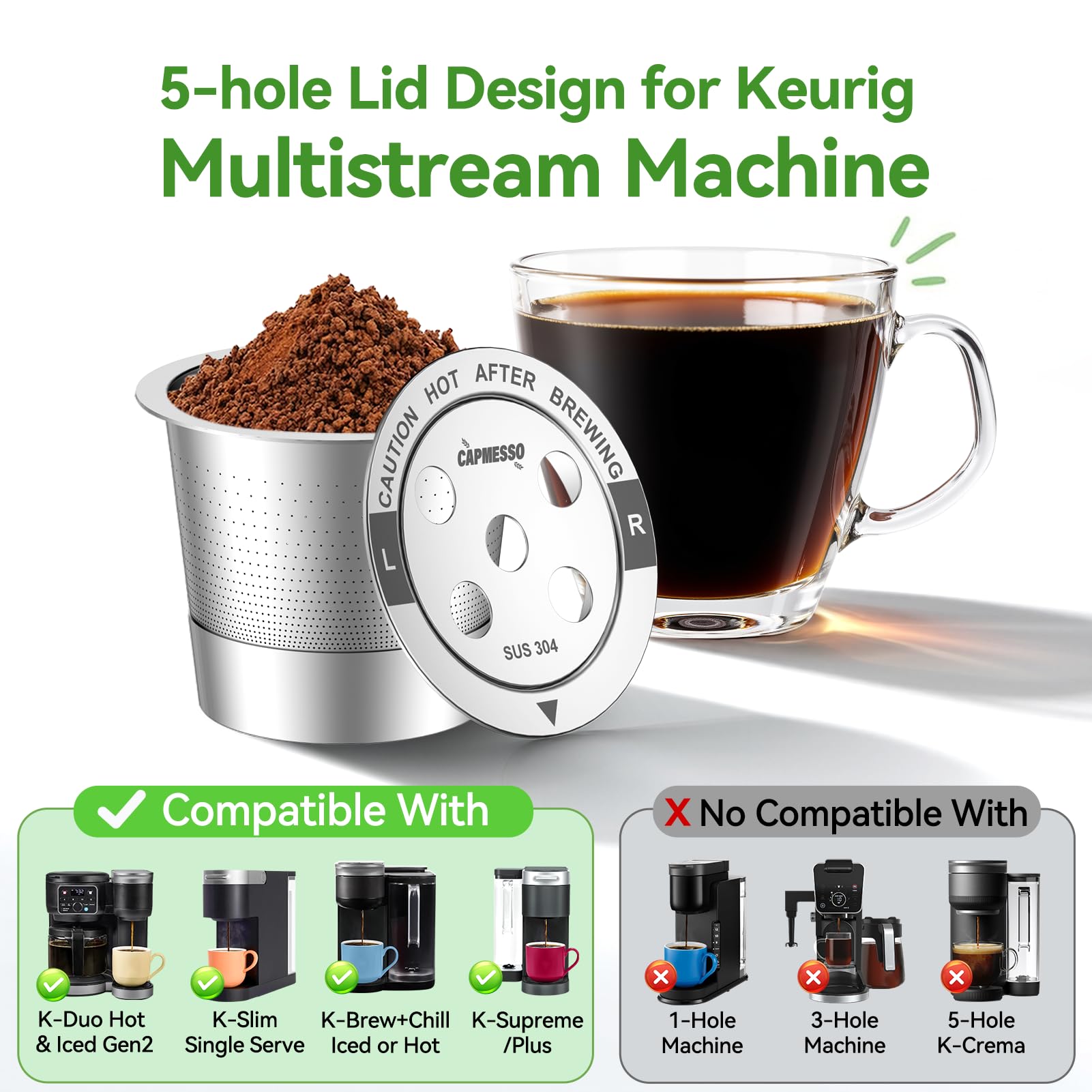 CAPMESSO Reusable K Cups for Keurig: 2026 All Stainless Steel Refillable Coffee Pods Metal Coffee Filters with 5 Holes & Scoop - for K Supreme/K Slim/K-Duo 2/K-Brew Chill MultiStream Maker (2 Pack) — view 5