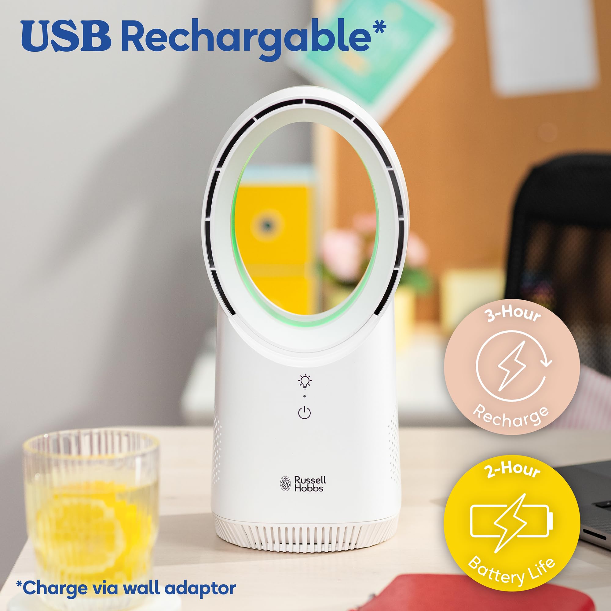 Russell Hobbs RHBLDLUSB25 Ventilateur de bureau silencieux sans pales avec éclairage ambiant, rechargeable par USB, batterie de 2 heures, 3 réglages de vitesse, ventilateur électrique portable 6 W,