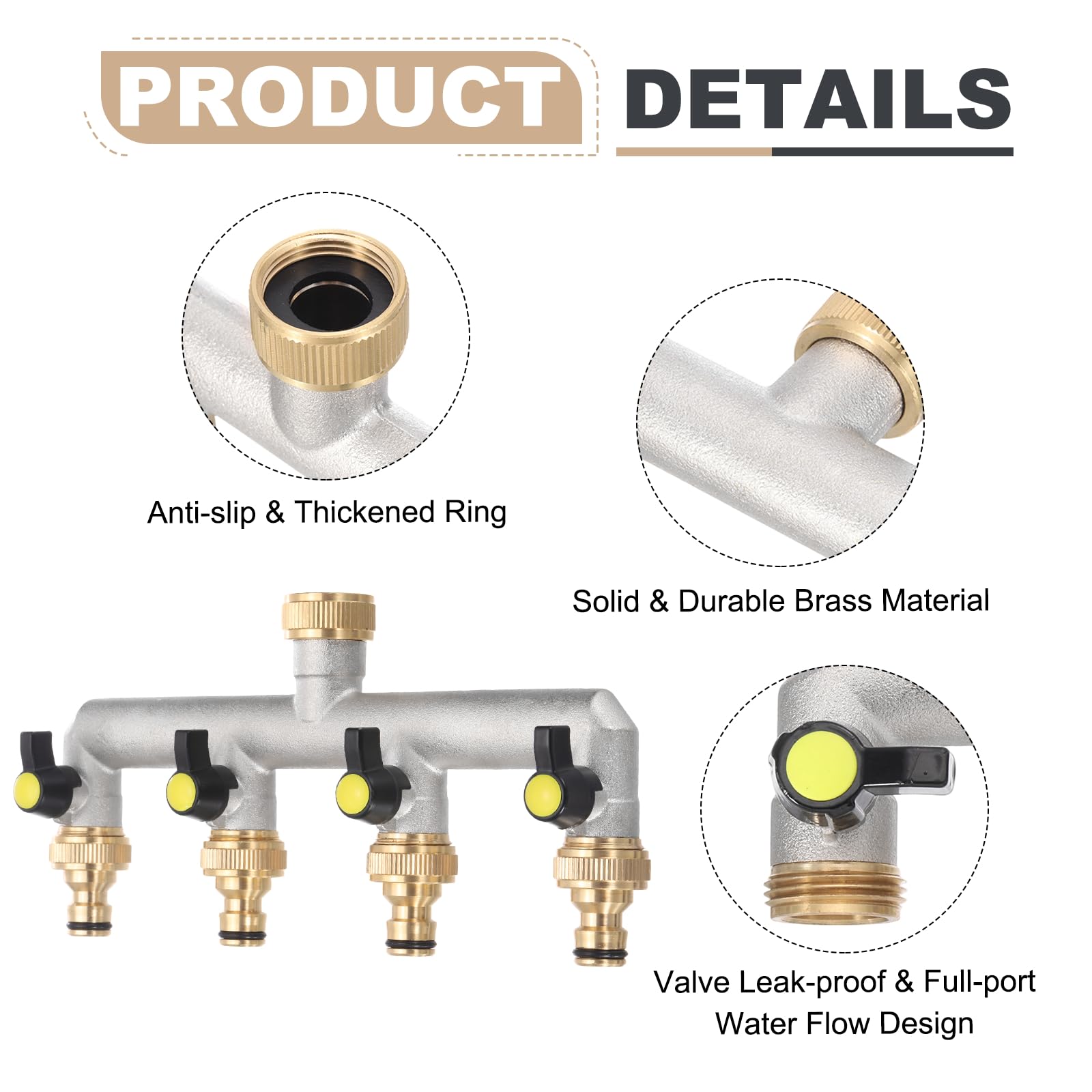 QUARKZMAN Distribuidor de Agua de 4 Vías, Adaptador de Grifo con Válvulas de Cierre Individuales Negras y Grifo, Caudal de Agua Regulable y Corte para Mangueras de Casa y Jardín