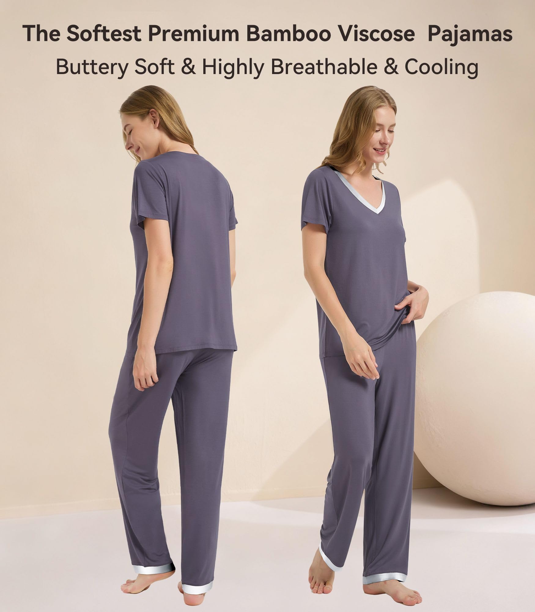 WiWi Pigiama da donna in bambù, morbido scollo a V, maniche corte e pantaloni, leggero, S-3X