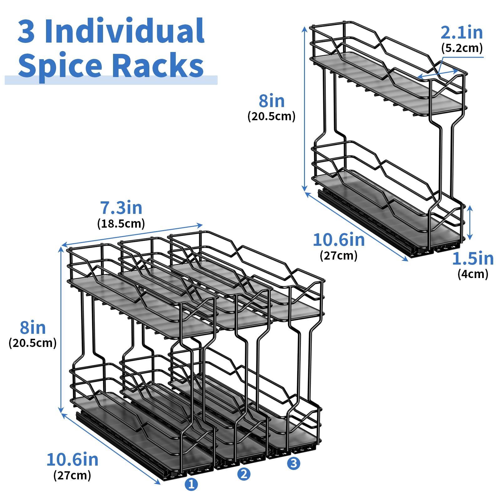 Gewürzregal Ausziehbar 3er-Pack, Gewürz Organizer Für Schrank | Modulares 3er-Pack, Doppelte Gleitschienen, Vollauszug-Design , Schwarze Metallkonstruktion, Einfache Montage, Schrank