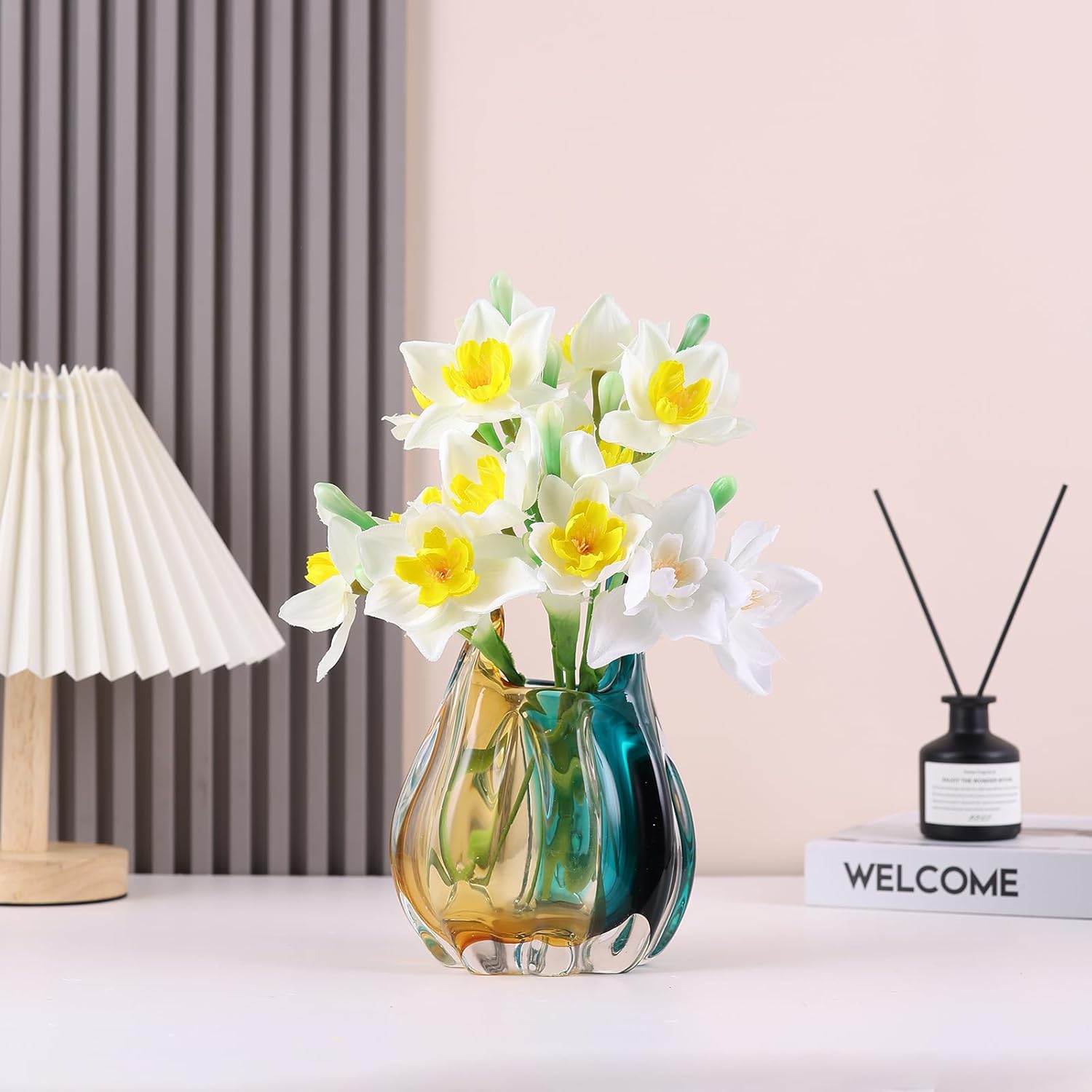 Hand Blown Glass Vase, Medium Wide Mouth Flower Vase Unique Modern Turquoise Glass Art Decor, Nonbreakable Vases for Table Centerpieces Living Room Decorative Amber and Teal Vase