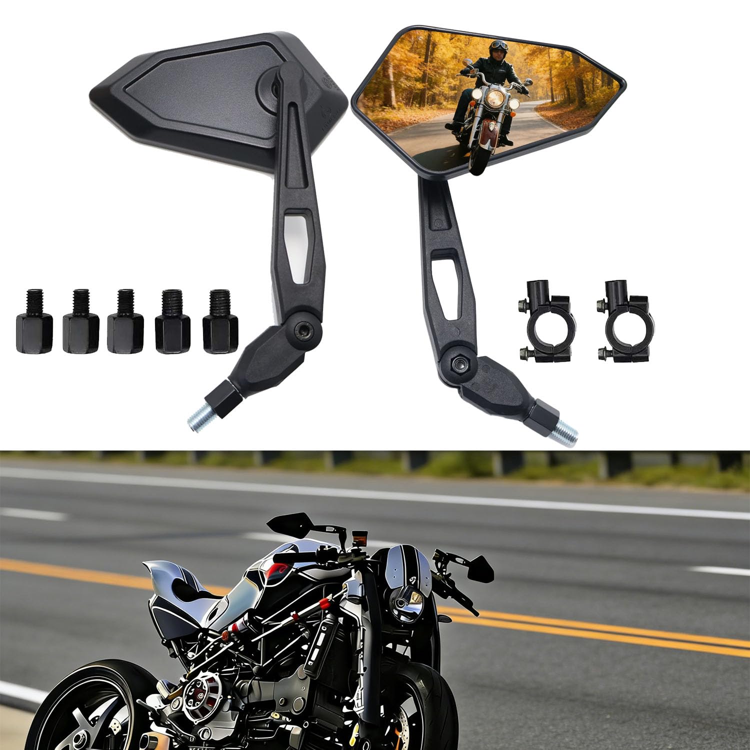 Specchietti Retrovisori Moto Universali con attacco M8 M10 e 7/8", Omologati E, per Moped, Roller, Touring, Street Bike, Cruiser, ATV