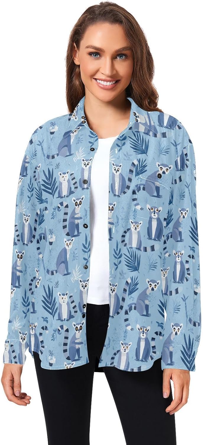 KLL Lemurs Madagascar on Blue Pattern Ladies Mens Cotton Rugby Shirts Beach Long Sleeve Blouses