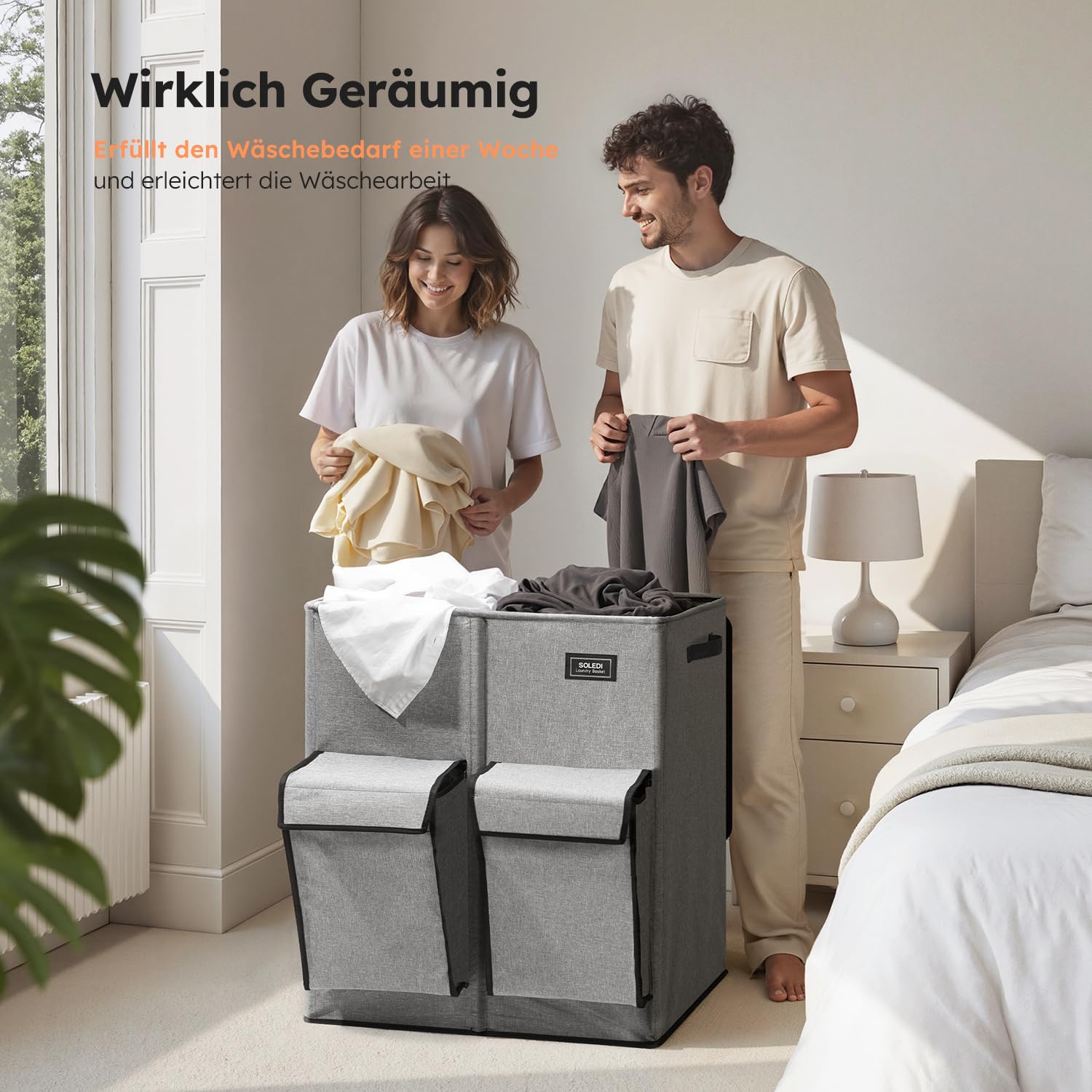 SOLEDI 180L Wäschekorb mit Deckel, Wäschesammler 2 Fächer mit 2 Seitentaschen, Laundr Baskets mit 2 Wäschesack, Wäschesortierer Groß XXXL für Badezimmer, Schlafzimmer, Waschküche