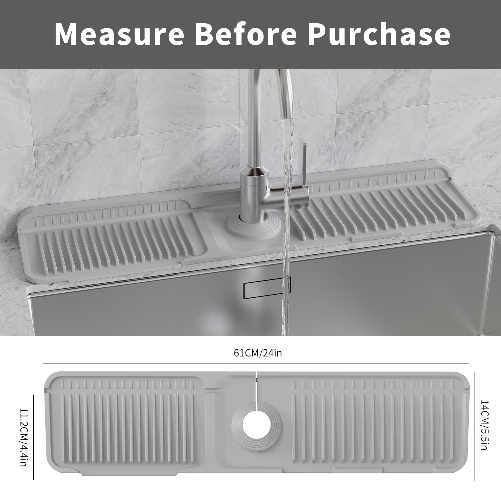 WAFT YEARN 24X5 Inch Silicone Durable Faucet Mat Kitchen Sink Splash Guard Draining Protector Tray Liner Absorbent Protective Counter Accessories for Sink Kitchen Bathroom Laundry Room Bar & RV Grey