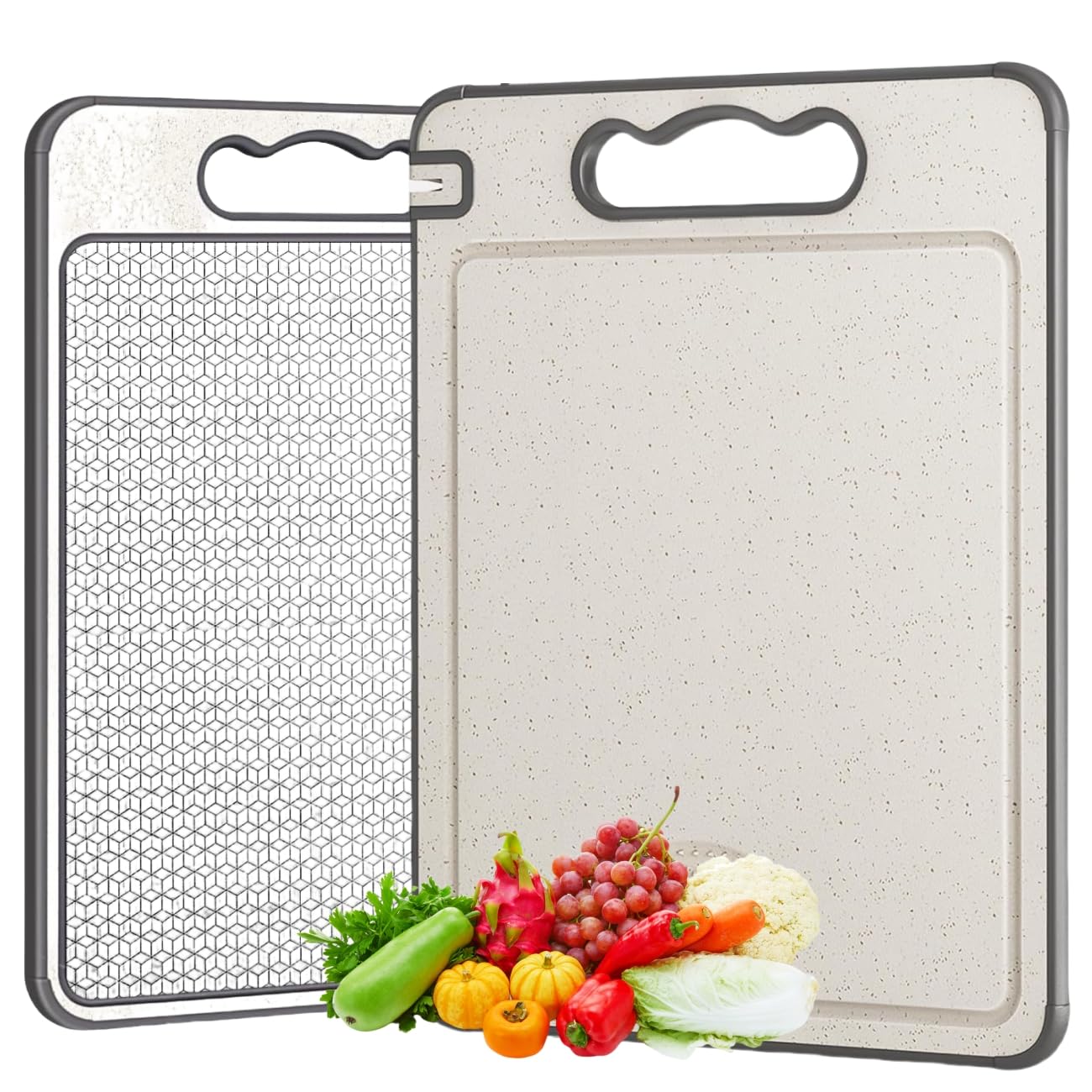 Stainless Steel Cutting Board for Kitchen, Metal and Wheat Straw PP Double Sided Chopping Board with Juice Groove, Non Slip Scratch Resistant Mesh Design, 14.4*10inch, Safe Use, Healthy, Easy to Clean