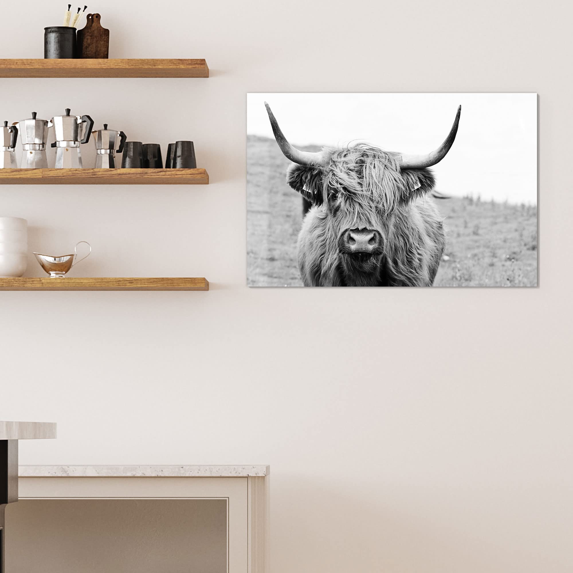 DEQORI Szklana tablica magnetyczna | wymiary 90 x 60 cm | motyw "Kudłata wołowina górska" | tablica do notatek ze szkła | tablica magnetyczna z magnesami, długopisem i chusteczką do kuchni i biura |