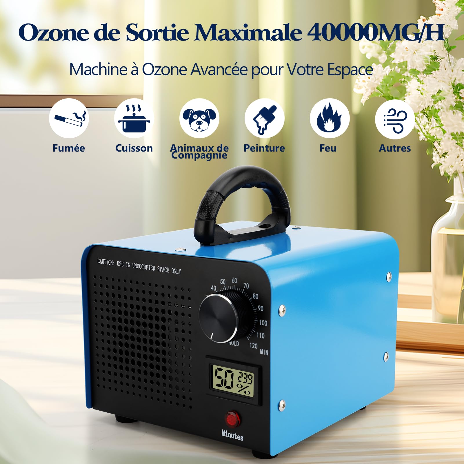 Générateur d'Ozone Domestique 40000 mg/h Purificateur d'Air Générateur O3 Commercial Industriel 120W avec Minuterie 0-120min, Machine à Ozone Portable pour Éliminer des Odeurs(Blanc)