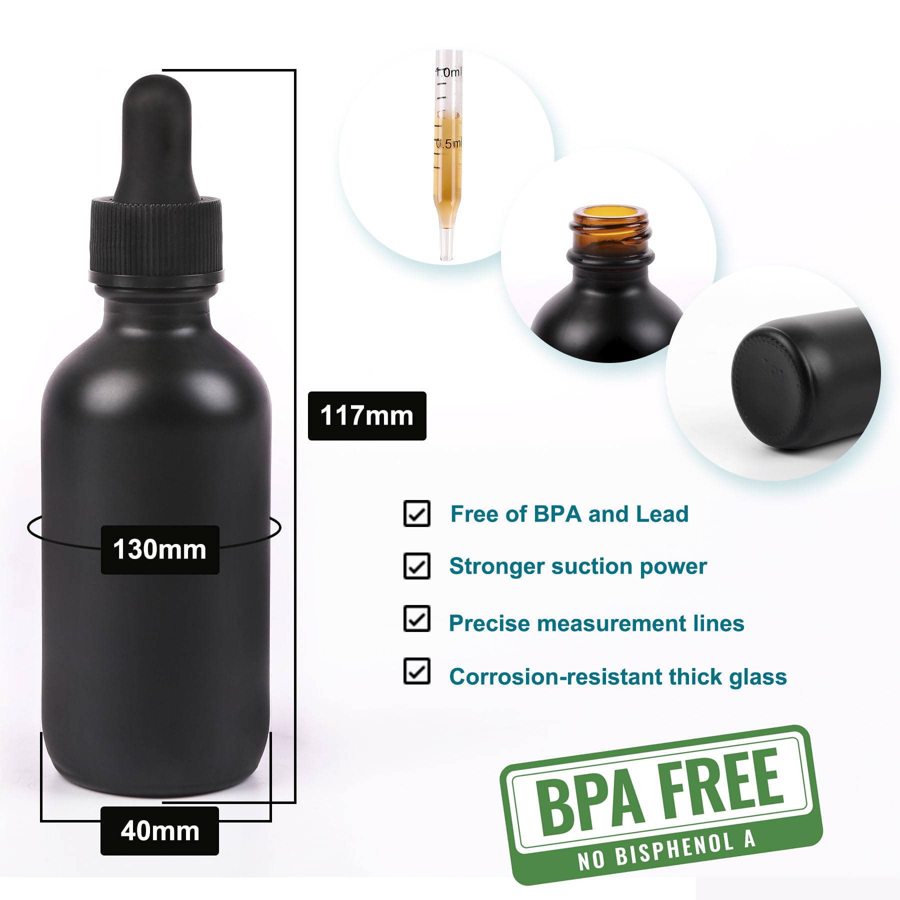 NOOEEISS 57 ml Glas-Tropfflasche, Preety-Tinkturflaschen mit präziser Skala, Augentropfen, auslaufsicheres Design für einfaches Reisen (schwarz-matt, 48 Stück)