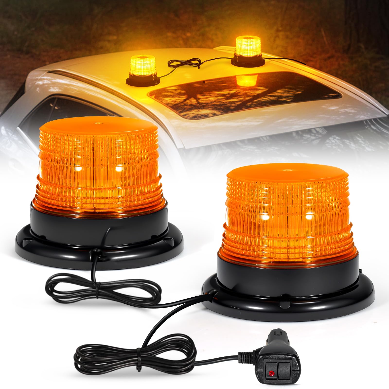 Gyrophare LED Magnétique Orange 12-24V pour Tracteur, Lot de 2 | IP67 Étanche, Câble 4,8 m Allume-Cigare, 7 Modes de Flash, pour Chantier et Camion