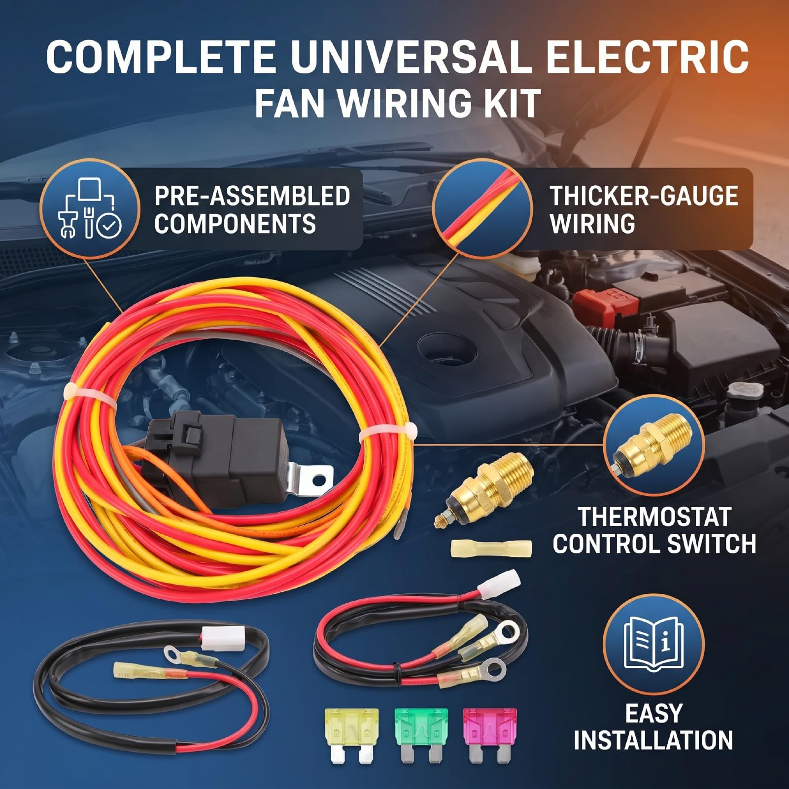 Tbest Kit de Cableado de Ventilador Eléctrico Universal con Cableado Más Grueso y relé, Interruptor de Control de Termostato para Actualizaciones del de Refrigeración