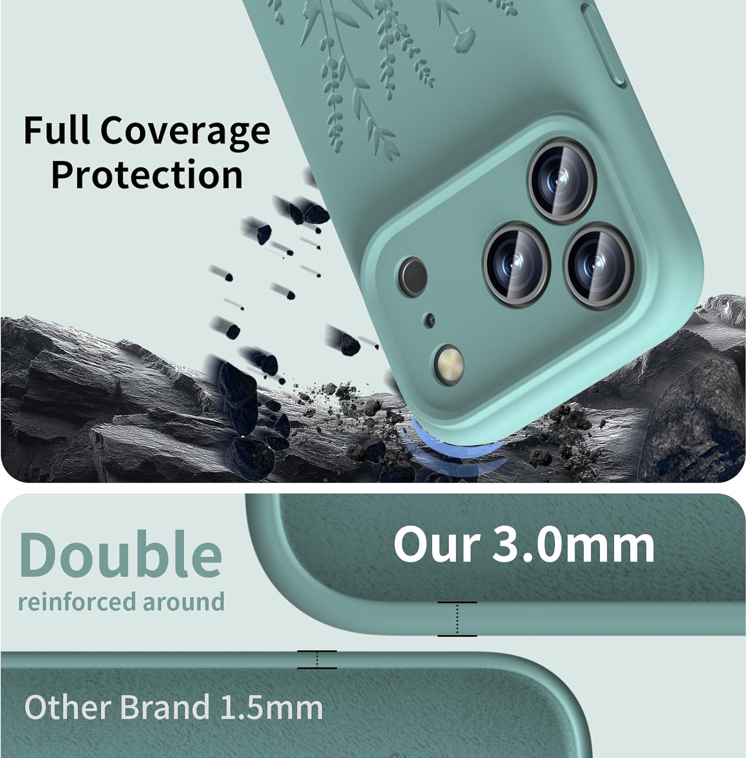 OAOA Magnetic Engraved Case Compatible with iPhone 17 Pro Case, Compatible with Magsafe, Camera All-Round Protection, Slim Liquid Silicone Phone Case for Women Girls, Midnight Green Flower - Image 4
