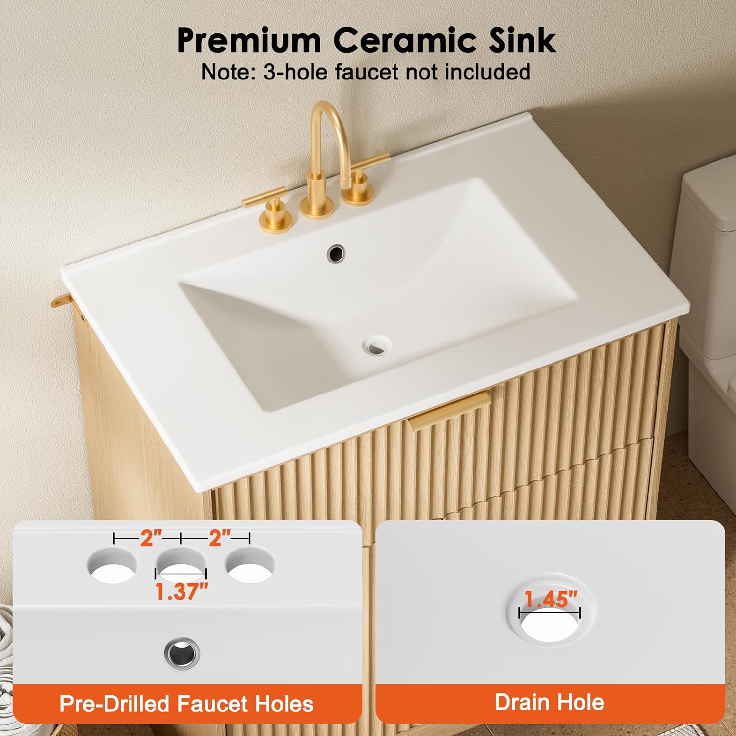 Amada 30'' Bathroom Vanity with Ceramic Sink, Modern Undermount Vanity Sink Cabinet with 2 Doors and 1 Drawer, Fluted Free Standing Bathroom Storage Cabinet with Sink Combo Set, Natural Oak