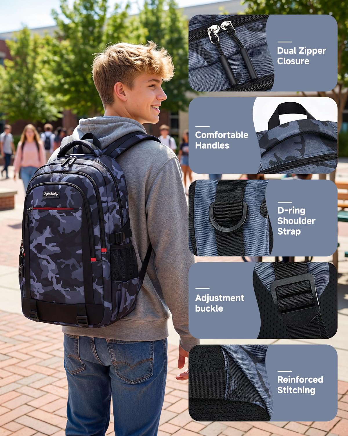 Amythe Mochila Escolar para Chicos Adolescentes, Mochila Hombre Ergonómica de Camuflaje, Mochila Informal de Gran 30L, Impermeable, para el colegio, los viajes y la universidad