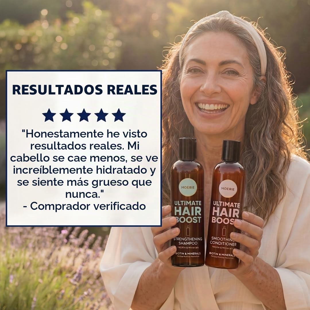 Moerie champu Anticaída mujer y hombre – Champu y acondicionador voluminizador con ingredientes de origen natural - Con más de 100 activos para un cabello grueso, largo y saludable. 2 X 8.45 Fl Oz