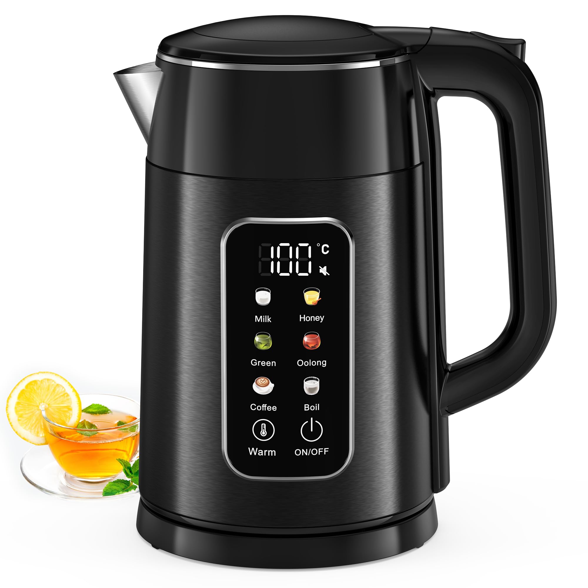 Wasserkocher mit Temperatureinstellung 1,7L 2200W Edelstahl Wasserkocher Schwarz mit 6 Temperaturstufen, Farbdisplay, 2H Warmhaltefunktion, Elektrisch Teekocher Doppelwand BPA frei für Büro Haushalt