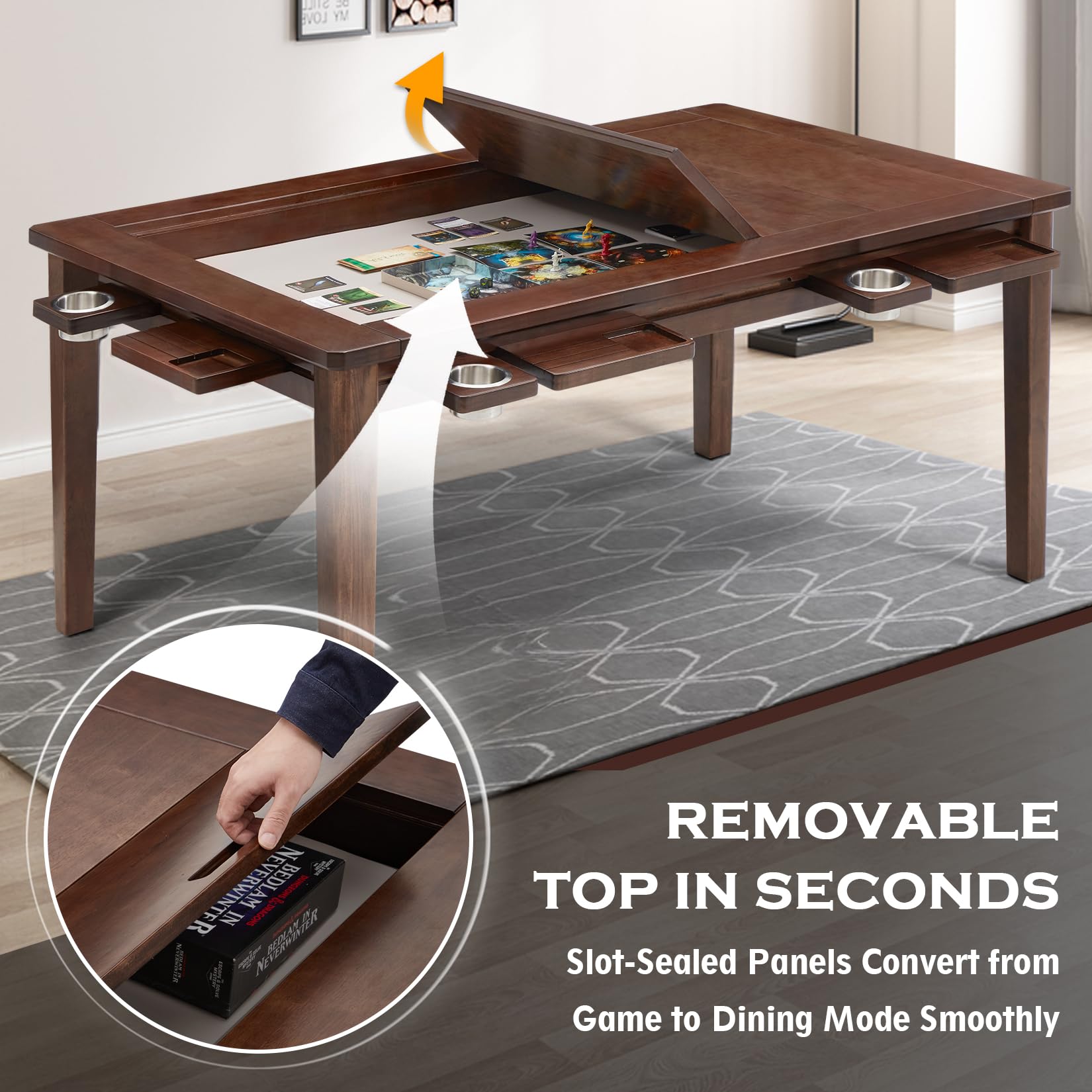 Haddockway 63" ×39“ Board Game Table with Removable Table Top, Solid Wood Game Table for 4-6 Players, DND Table with Play Mat, 6 Detachable Cup Holders & 6 Hobby Trays (): Warm Walnut