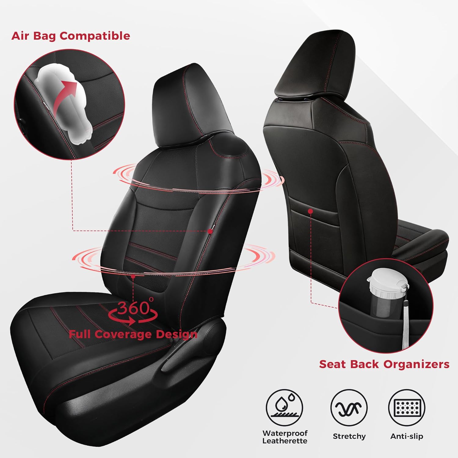 FREESOO Custom Fit RAV4 Seat Covers for Toyota RAV 4 2019-25 Gasoline LE XLE Premium Limited, Faux Leather, 4‑Layer Waterproof, F/R Headrest, Airbag Deployment Compatible, Durable, Black Red Full Set
