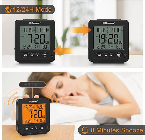 Miniatura 6 de Geevon Reloj despertador digital pequeño con luz nocturna inteligente con 2 alarmas de pitido crecientes, temperatura interior, reloj de viaje a