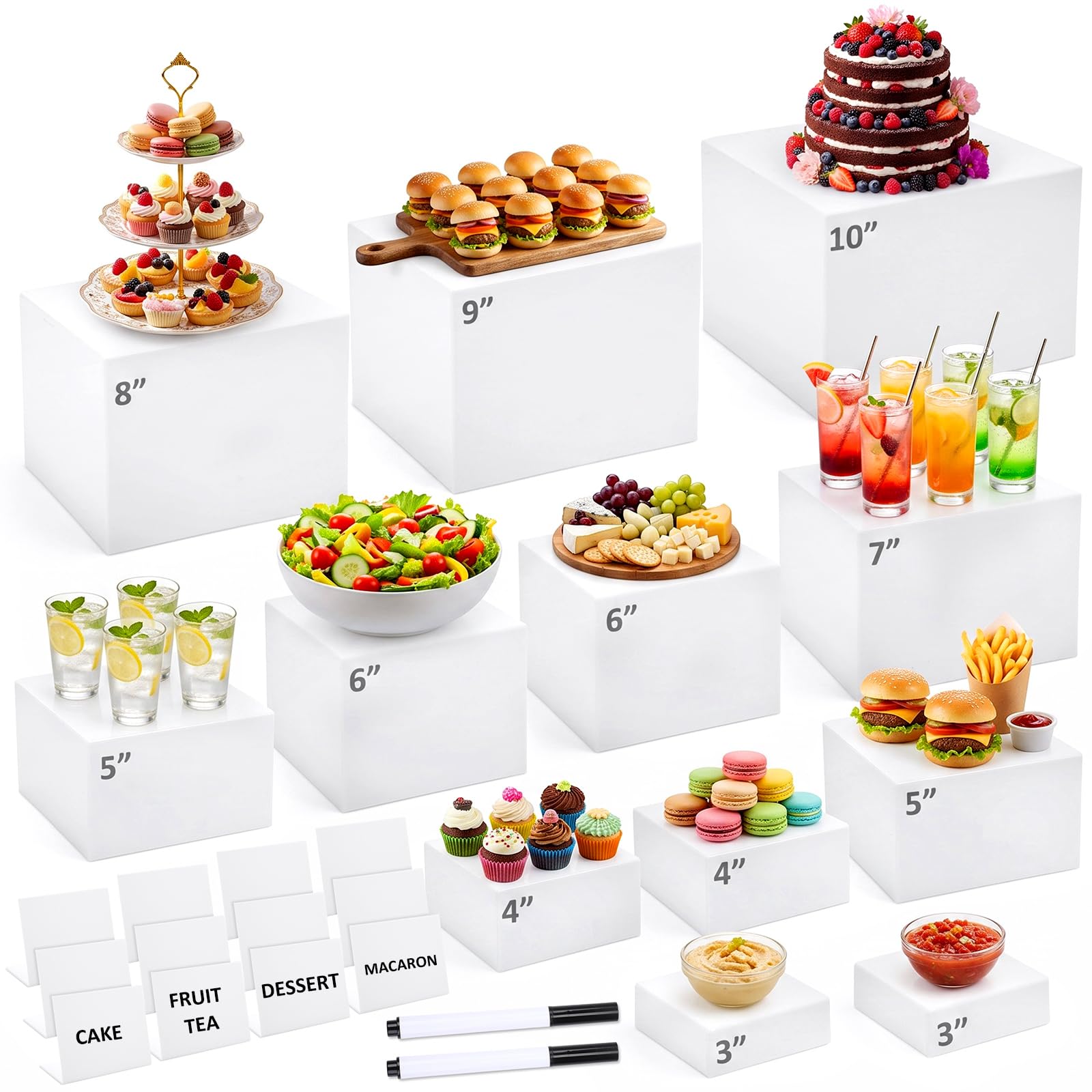 26 Pcs Buffet Risers Set, 12 White Acrylic Stands, 12 Signs, 2 Markers
