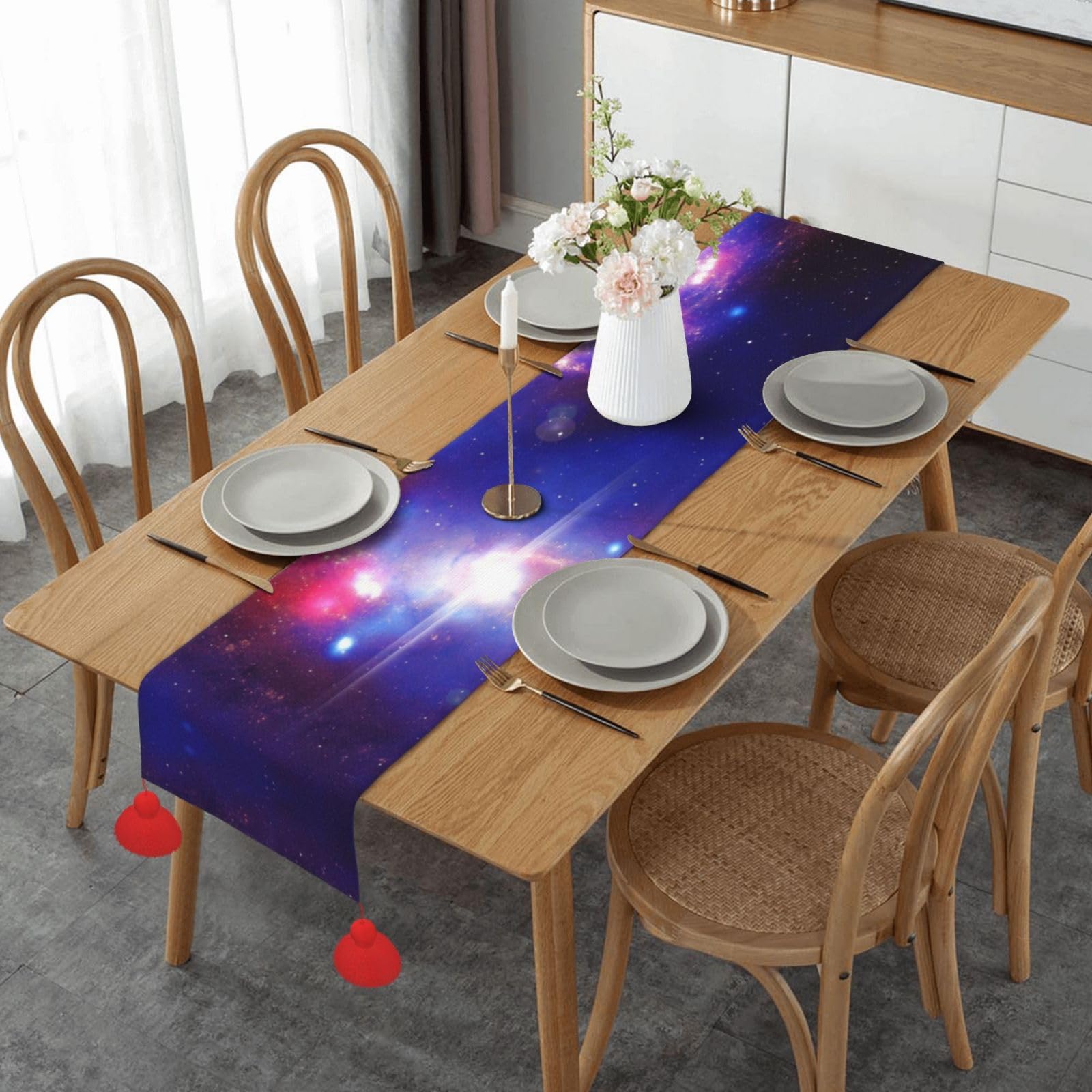 Chemin de table d'automne en lin motif univers et étoiles, idéal pour repas de mariage magique