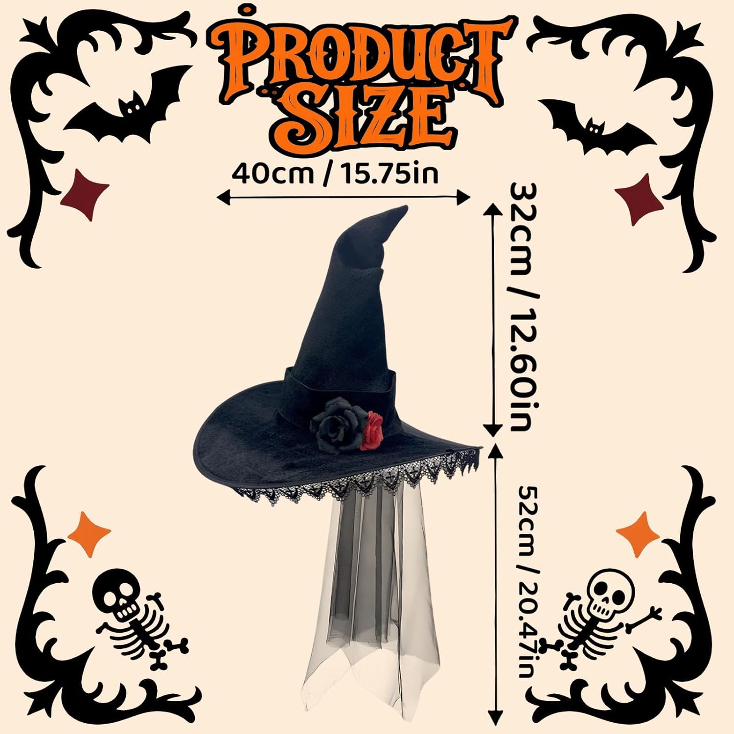 Halloween Witch Hat for Women Adult, Black Wizard Cosplay Costume Party Accessory Decoration(Veil) - Image 5