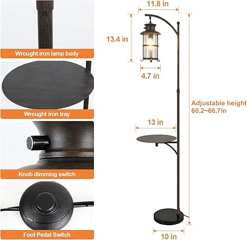 Miniatura 7 de beaysyty Lámparas de pie ajustables retro de granja con bandeja, lámpara de pie alta para dormitorio, decoración del hogar para oficina, sala de