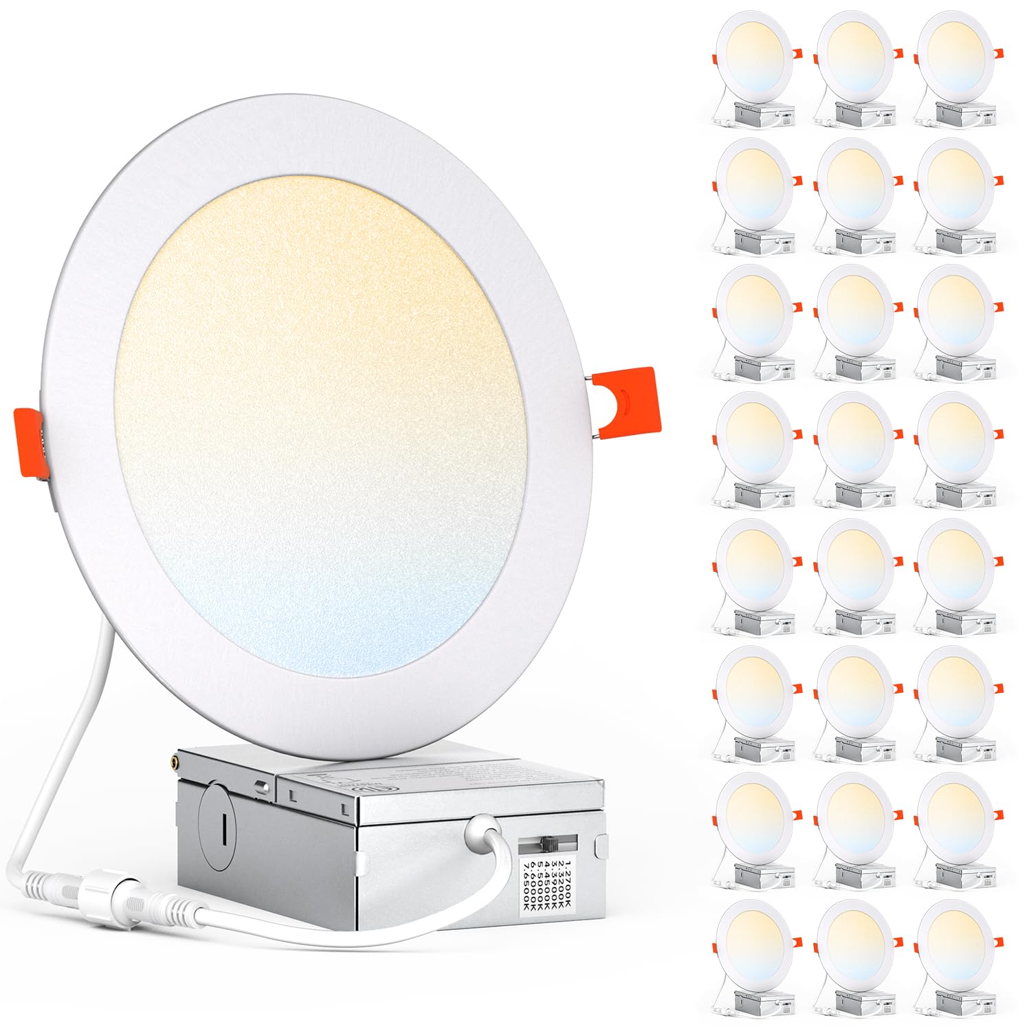 JESLED 24 Pack 6 Inch 7CCT Ultra-Thin Led Recessed Light with Junction Box, 2700k/3200k/3900k/4500k/5000k/6000k/6500k Recessed Led Ceiling Light, Dimmable Led Can Lights, Recessed Lighting