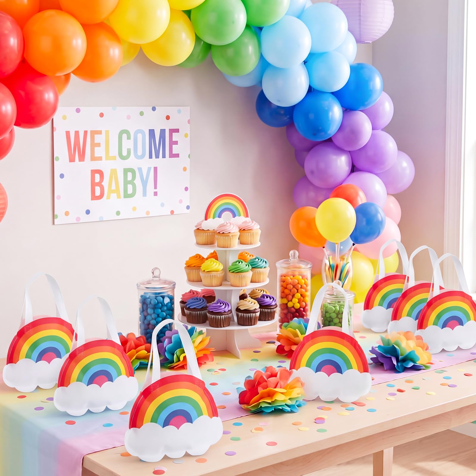 Tranqun 36 Pack Rainbow Party Favor Bags with Handle Rainbow Goodie Non-woven Treat Candy Gift Bags for Cloud Birthday, Baby Shower, Gender Reveal Party Supplies
