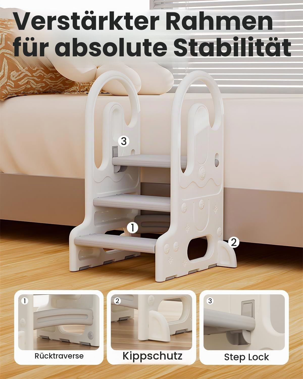 Kinder Tritthocker mit Sicherheitsgriffen, 2 oder 3-stufig höhenverstellbar, Rutschfester Schemel für Bad, Küche & Töpfchentraining (Grau)