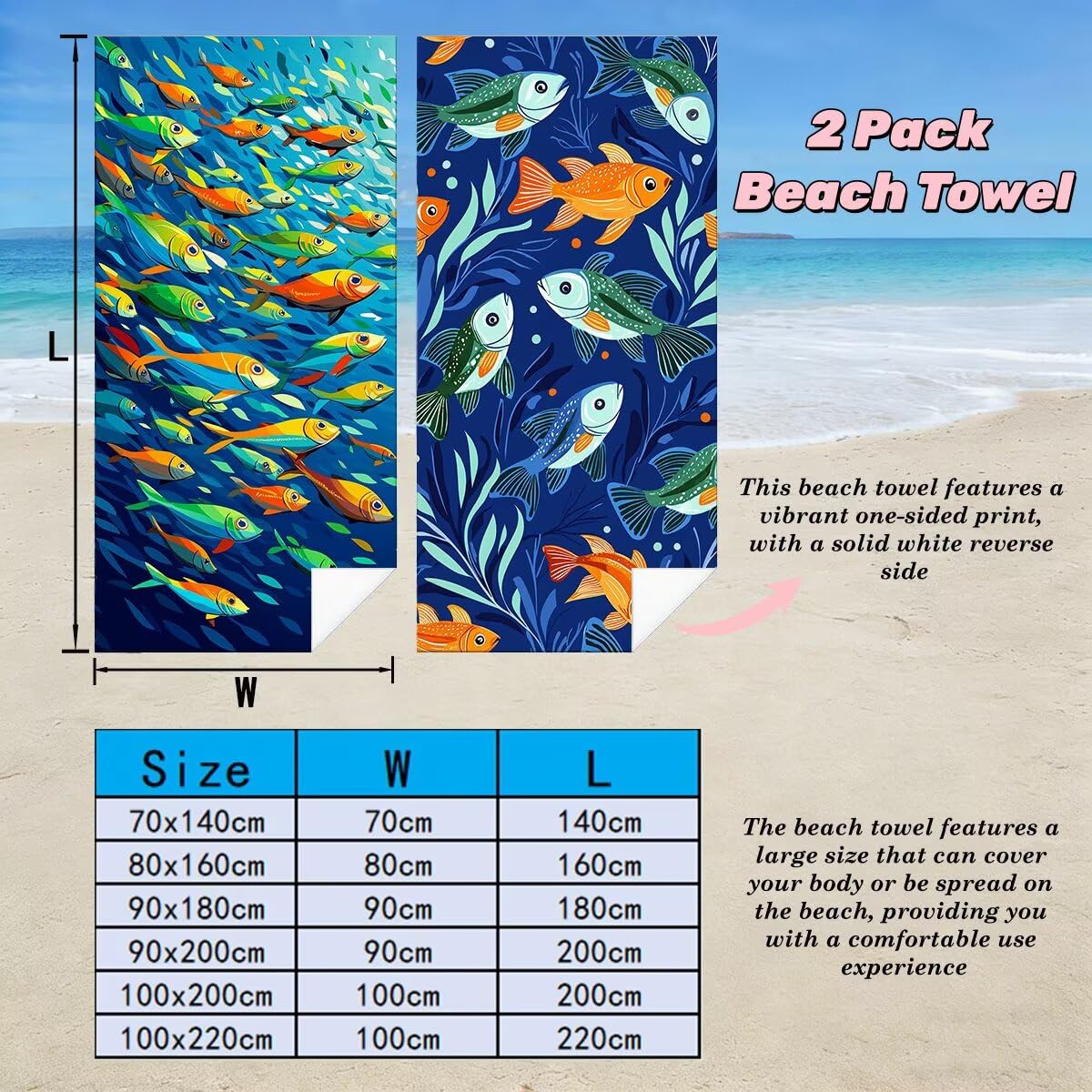 Ręcznik plażowy XXL, 100 x 200 cm, zestaw 2 szt., z mikrofibry, ręcznik plażowy w kształcie ryby, szybkoschnący, do sauny, fitness, bez piasku, ręcznik plażowy, do sauny, duży ręcznik kąpielowy