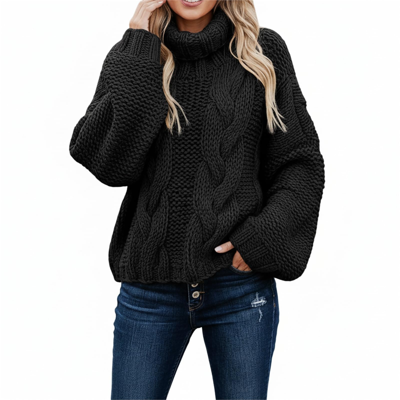 Womens Chunky Knit Turtleneck Sweater Lantern Sleeve Thick Oversized Cable Knit Solid Color Cozy Jumper Top