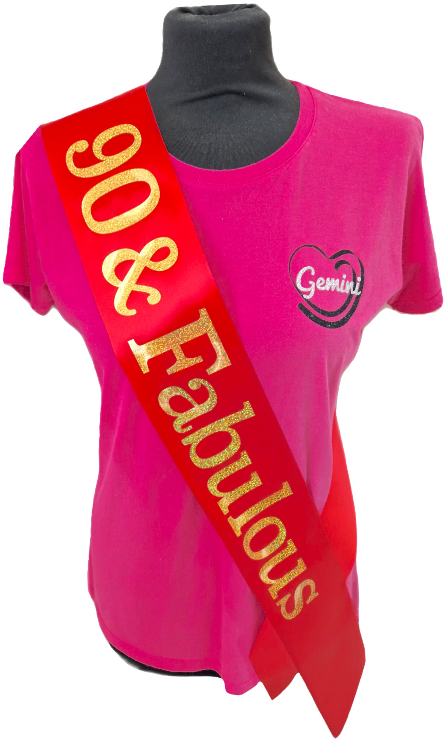 90th Birthday Sash - Beautiful Quality Red Ribbon and Holographic Gold Font - 90 & Fabulous Sash
